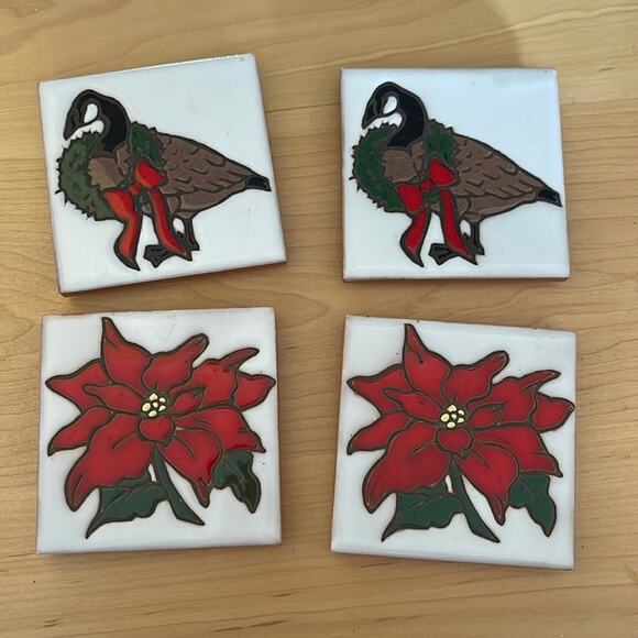 MAG MOR STUDIOS Hand Painted Christmas Goose Poinsettia Coaster Wall Decor 4